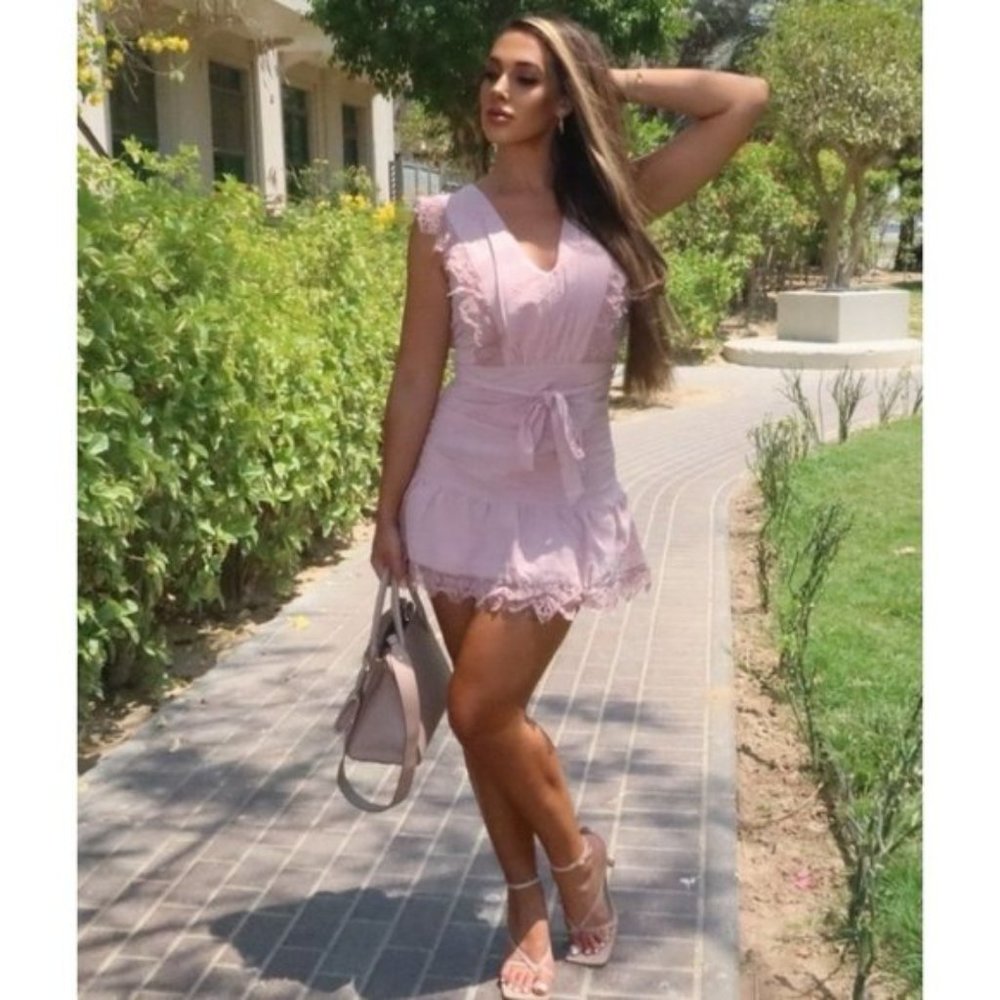 Pink Lace Trim Sleeveless V-Neck Open Back Backless Frill Hem Mini Dress - Picture 13 of 16